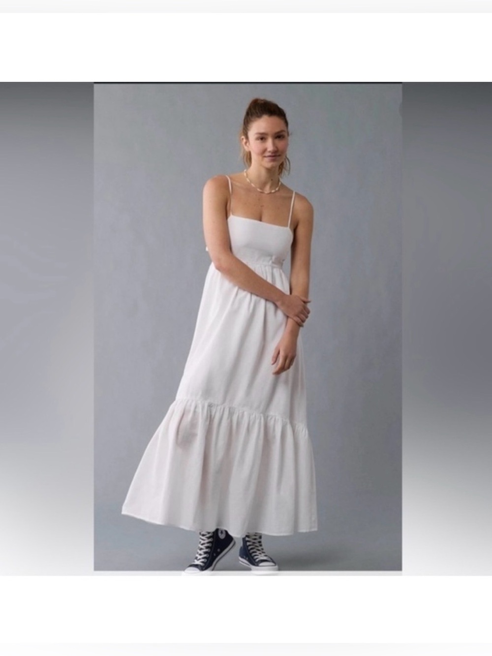 American Eagle Outfitters White Spaghetti Strap Tiered Maxi Dress L